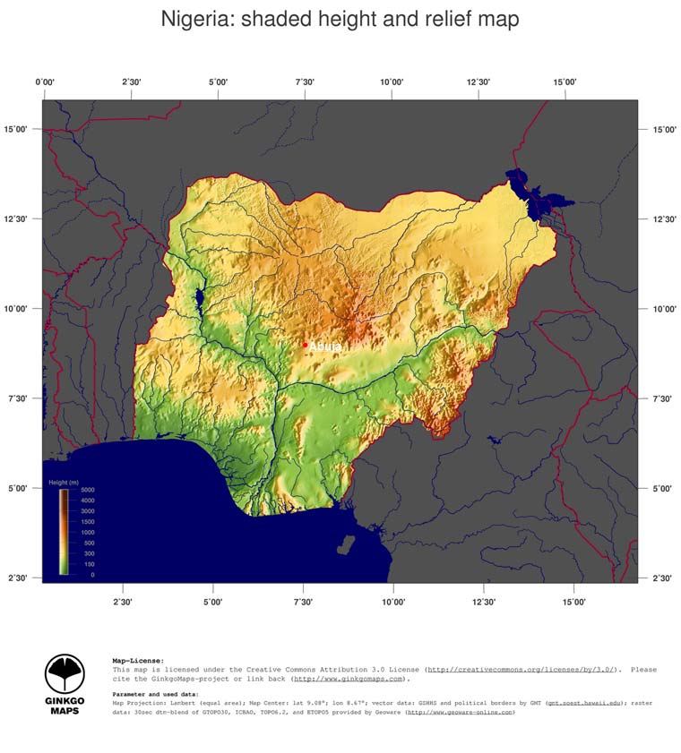 карта рельефа Нигерии