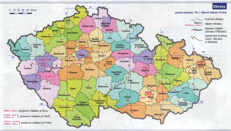 большая карта районов Чехии